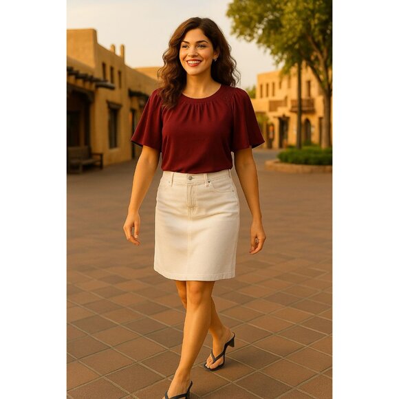 Ann Taylor Small Burgundy Smocked Shoulder Blouse Flutter Sleeve Top Fall - Picture 3 of 10